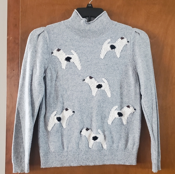 LOFT Petites Gray with White Terrier Dogs Sweater - Picture 1 of 6